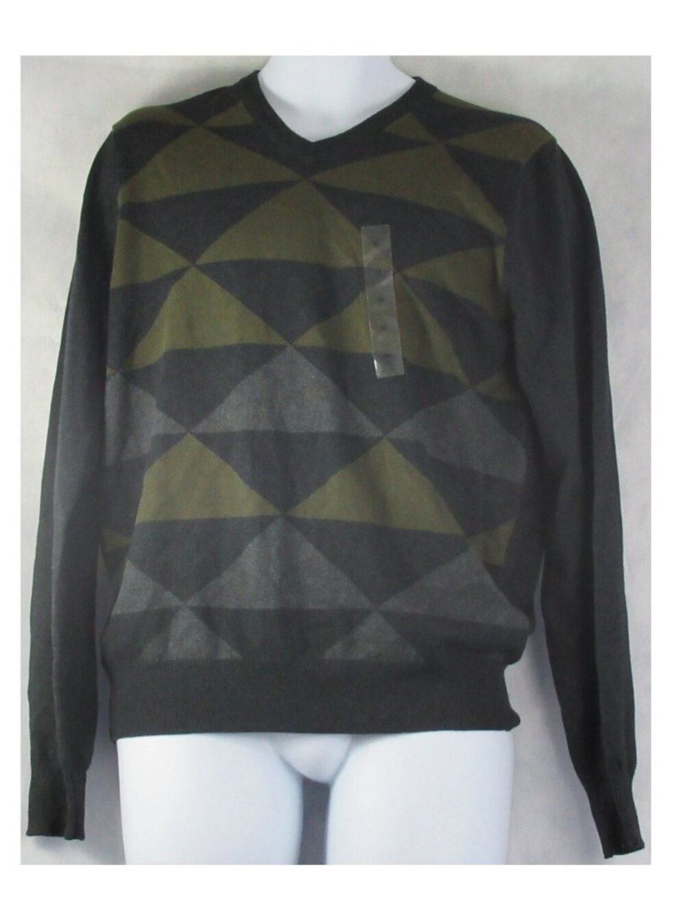 Perry Ellis Men's Geometric V-Neck Pullover Sweater, Black Heather, Medium